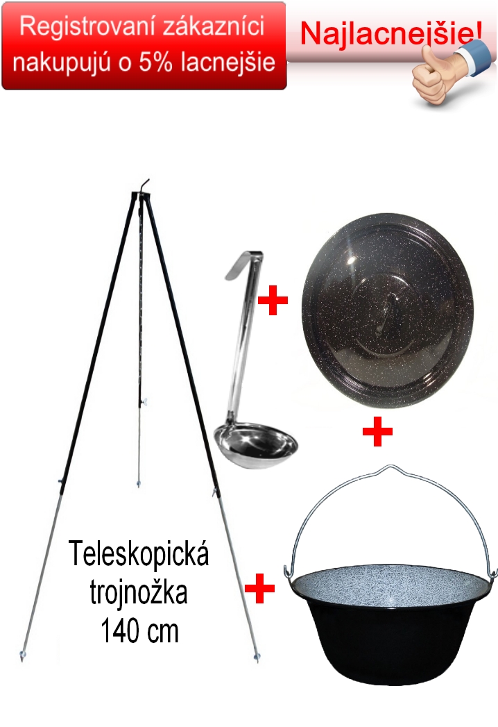 Smaltovaný kotlík s teleskopickou trojnožkou a pokrievkou