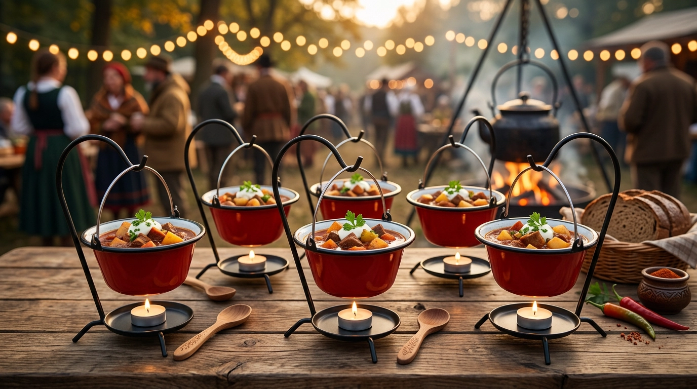 Servírovanie gulášu v kotlíku