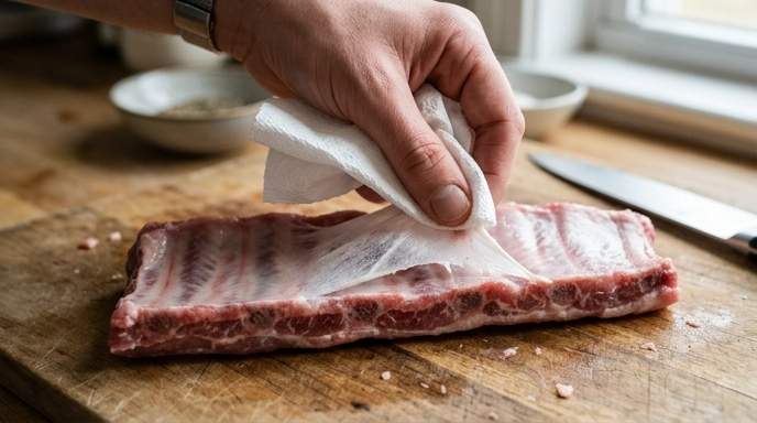Odstraňovanie blany z bravčových rebierok pred marinovaním