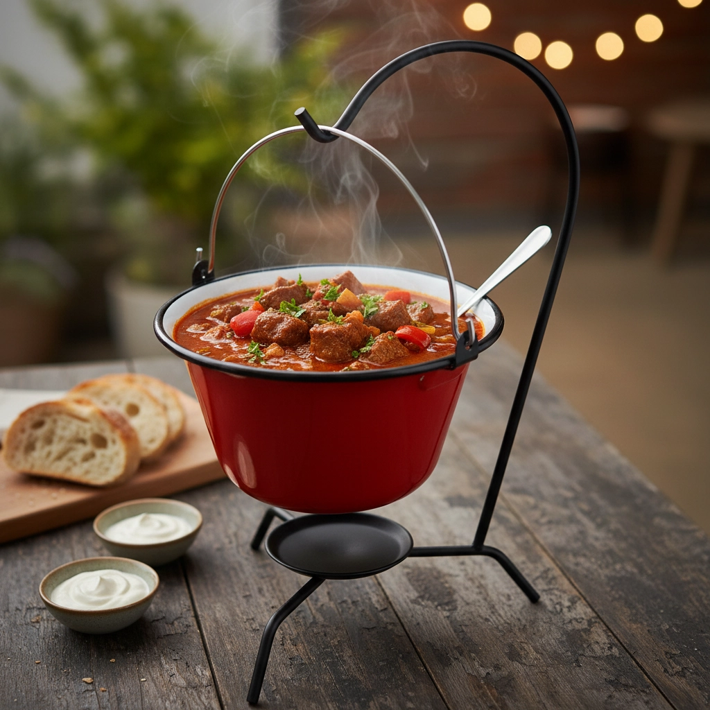 Servírovací červený mini kotlík so stojanom